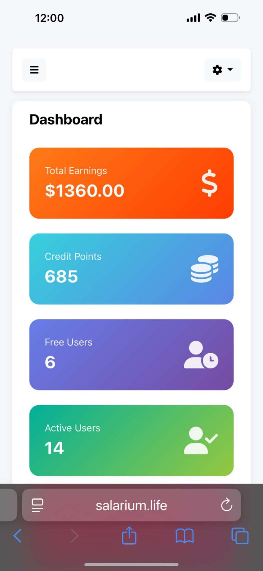 Earnings dashboard showing total earnings of $1,360.00 on Day 2