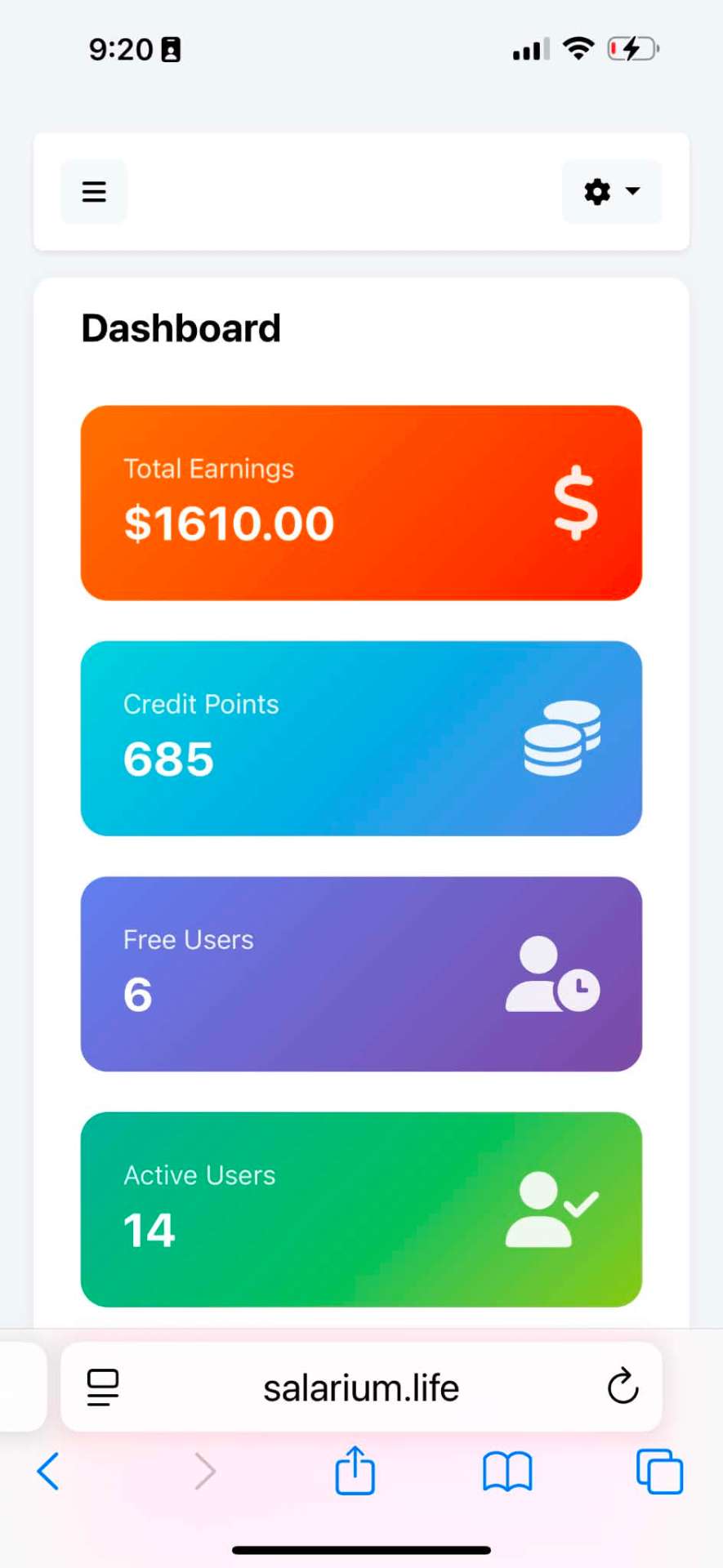 Earnings dashboard showing total earnings of $1,610.00 on Day 2