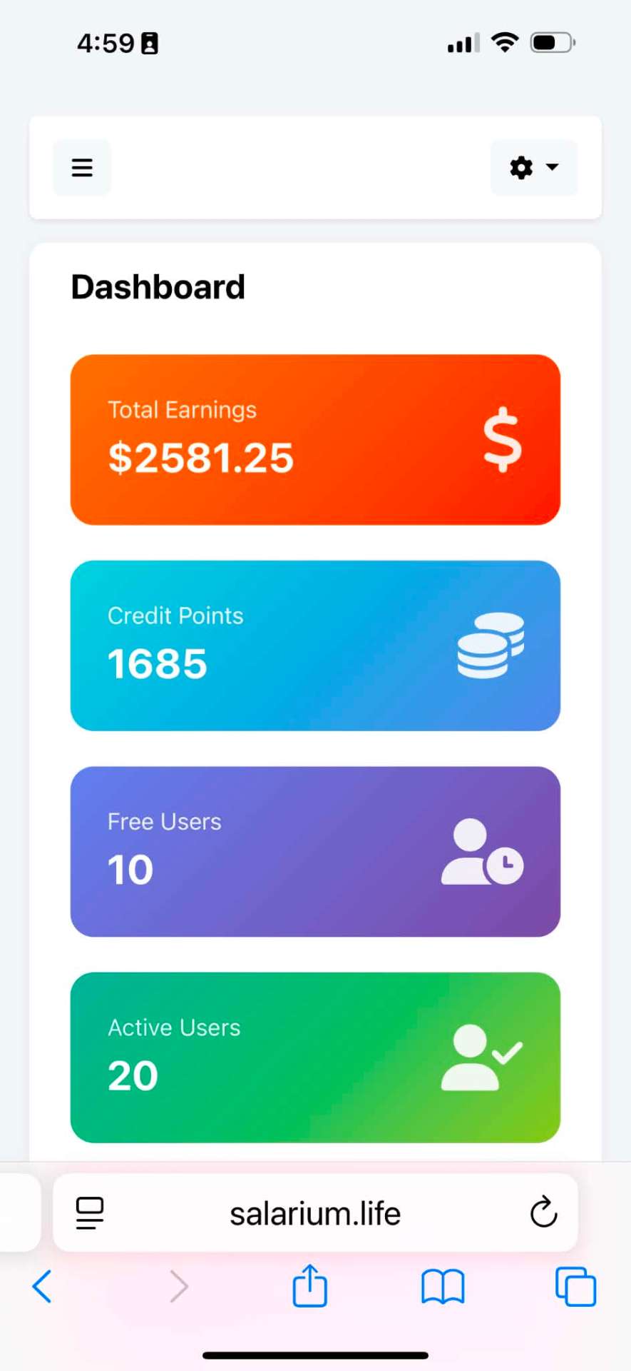 Earnings dashboard showing total earnings of $2,581.25 on Day 3
