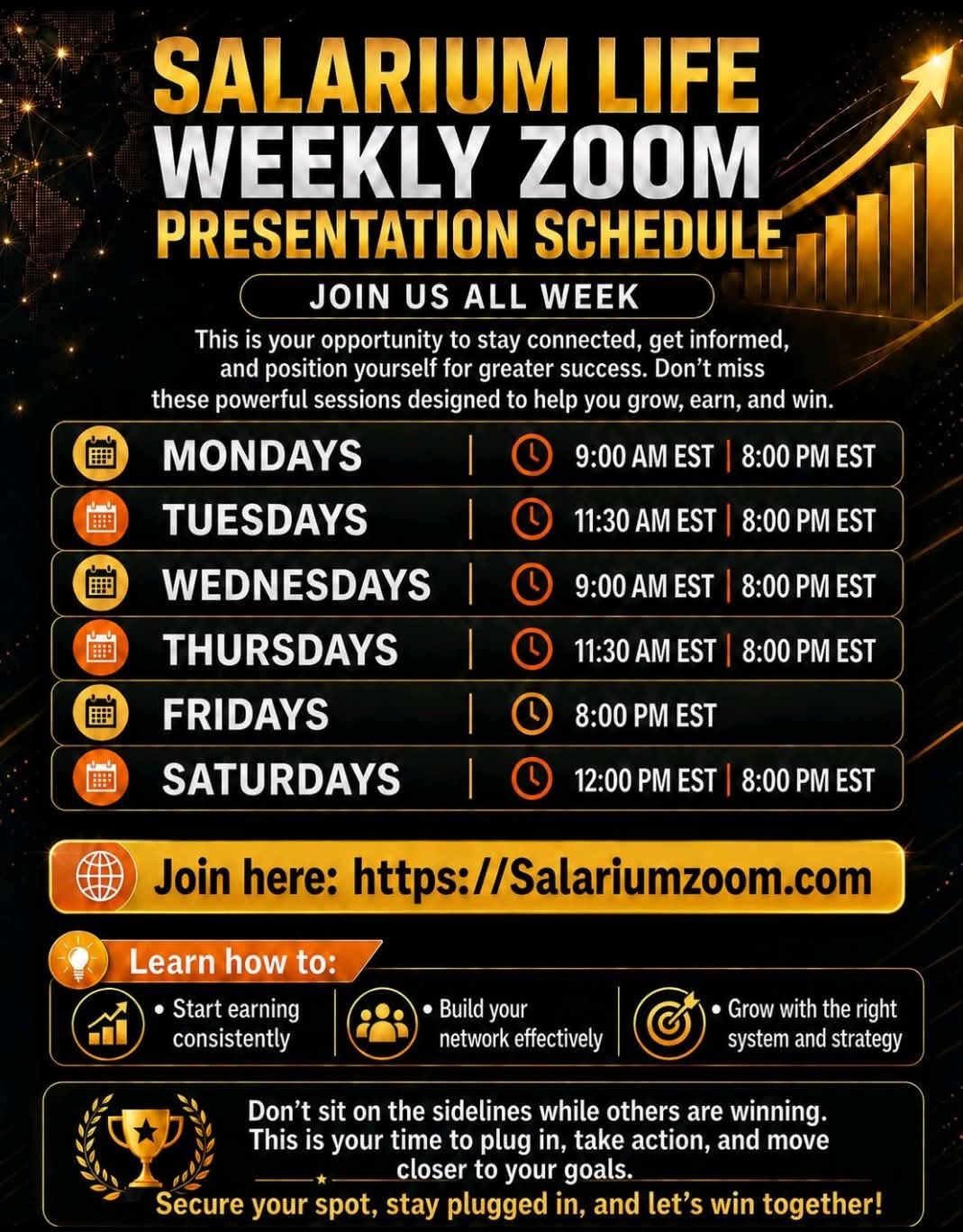 Salarium Life Weekly Zoom Presentation Schedule — Monday through Saturday meeting times in EST